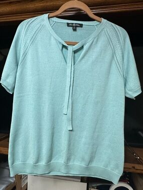 Vintage Brooks Brothers Aqua Blue Tie Neck Pointelle Knit Sweater Women’s XL